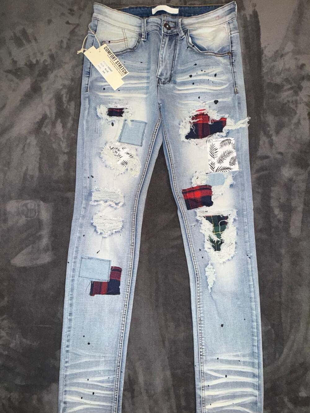 KDNK Comfort Stretch Distressed Patchwork Skinny Jeans Blue Size 30 KND4457